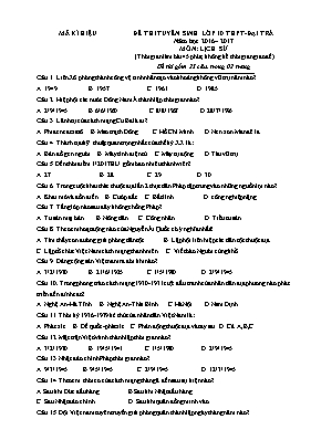 Đề thi tuyển sinh vào Lớp 10 môn Lịch sử - Năm học 2016-2017